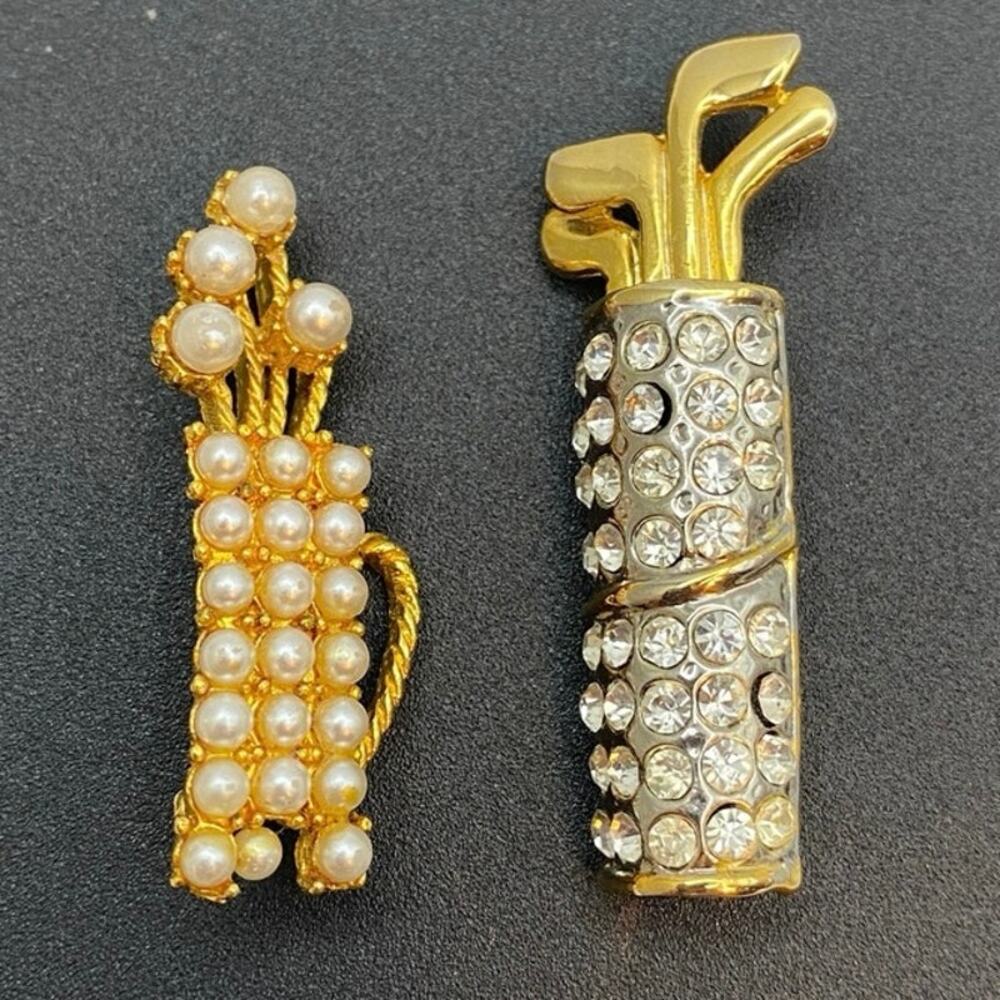 Vintage Gold-Tone Golf Bag Brooch Pair — Pearl & Rhinestone Figural Pins